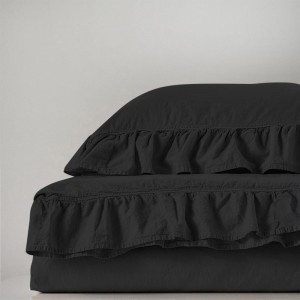 Pościel bawełniana z falbanką 160x200 Stonewashed Exclusive, Black, czarna