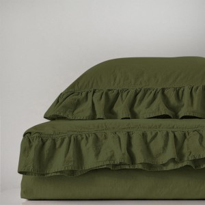 Pościel bawełniana z falbanką 160x200 Stonewashed Exclusive, Oliwka, zielona