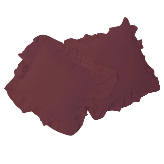 Poduszki w kolorze fioletowym, o wymiarach 160x200 cm, z dekoracyjnymi falbankami. Ułożone na płasko, prezentują matową fakturę materiału. Produkt bez widocznych napisów i logo, na prostym tle. Idealne elementy do pościeli bawełnianej.