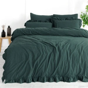 Komplet poszewek bawełnianych z falbanką 2x40x40 cm Stonewashed Exclusive Dark Green, butelkowa zieleń