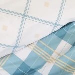Pościel bawełniana 220x200 w kolorze białym i błękitnym, z wzorem kraty. Widoczne linie w odcieniu błękitu i kremu. Produkt leży na płasko, ukazując detale materiału oraz wyrazisty wzór. Tło jest jasne, co podkreśla kolory pościeli.