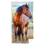 Ręcznik przedszkolny dla dziecka wymiary 30x50 cm, z nadrukiem koni. Dominujące kolory to brąz i zieleń, przedstawiający konia stojącego na tle łąki. Ułożony pionowo, z widoczną teksturą materiału. Brak czytelnych napisów.