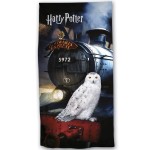 Ręcznik bawełniany dla dzieci 70x140 cm z motywem Harry''ego Pottera, przedstawiający sowę Hedwigę na tle lokomotywy Hogwart Express. Tkanina frotte, w kolorach szaro-niebieskich z wyraźnym napisem Harry Potter.