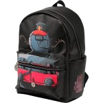 Czarny plecak skórzany z grafiką przedstawiającą parowóz z napisem HOGWARTS EXPRESS oraz czerwoną lokomotywę. Ujęcie frontowe, z widoczną zewnętrzną kieszenią z zamkiem. Materiał gładki, z subtelnymi zdobieniami.