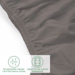 Prześcieradło jersey z elastanem w kolorze antracytowym, rozmiar 140x200. Ujęcie z boku, ukazujące elastyczną gumkę wykończoną obszczepem po całym obwodzie. Materiał gładki, mocno naciągnięty, z wyraźną fakturą. Na dole widoczne grafiki informacyjne.
