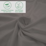 Prześcieradło jersey z elastanem w kolorze antracytowym, z gumką, leży na neutralnym tle. Tkanina jest gładka i elastyczna, co podkreśla jej miękkość oraz delikatność dla skóry. Widoczne symbole z informacjami o właściwościach materiału.