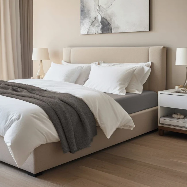 Prześcieradło jersey z elastanem w kolorze antracytowym, rozmiar 180x200, z gumką, leży na materacu w eleganckim łóżku. W tle widoczna jasna pościel oraz beżowe wezgłowie. Na podłodze drewniana powierzchnia, obok stół nocny z lampką.