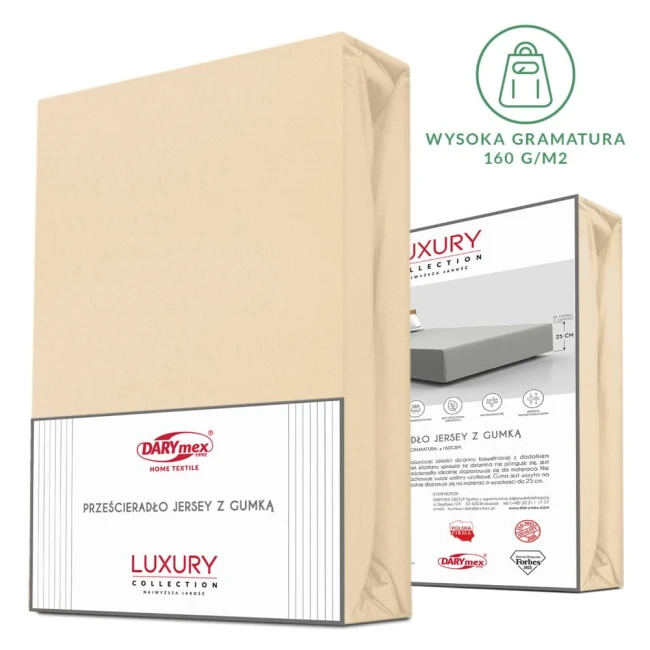 Prześcieradło jersey z elastanem beżowe, w rozmiarze 180x200 cm, prezentowane w pozycji leżącej. Widoczna gumka do mocowania oraz etykieta z informacjami o produkcie. Tło jasne, prosty design.