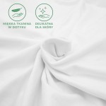 Prześcieradło jersey z elastanem w kolorze białym, rozłożone i ułożone w złożenie, z widoczną delikatną fakturą. Zawiera graficzne oznaczenia dotyczące miękkości tkaniny i delikatności dla skóry.