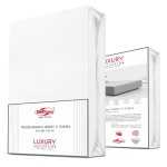 Prześcieradło jersey z elastanem w kolorze białym, rozmiar 180x200 cm, prezentowane w pozycji leżącej. Na opakowaniu widoczny jest napis PRZEŚCIERADŁO JERSEY Z GUMKĄ oraz logo DARYmex. Tło proste, białe.