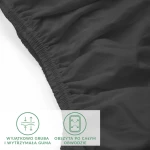 Czarne prześcieradło jersey z elastanem o rozmiarze 140x200, widok zbliżeniowy na nadmiar materiału oraz gumkę obwodową, która jest wyjątkowo gruba i wytrzymała, zapewniając lepsze dopasowanie. Dodatkowe informacje o obwodzie umieszczone na białym tle.