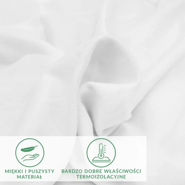 Prześcieradło flanelowe z gumką w kolorze białym, 180x200 cm, wykonane z miękkiego i puszystego materiału. Zbliżenie na teksturę, pokazujące właściwości termoizolacyjne. Widoczne symbole dotyczące materiału na dole zdjęcia.