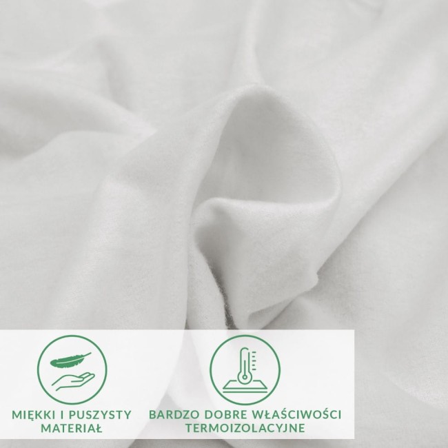 Prześcieradło flanelowe z gumką w kolorze kremowym, rozmiar 140x200 cm, wykonane z miękkiego i puszystego materiału. Ukazane w zbliżeniu, na skomponowanym tle z grafiką informacyjną o właściwościach termoizolacyjnych.