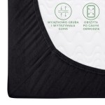 Czarny prześcieradło jersey z gumką 200x220, z bliskiego ujęcia. Widoczna gruba, elastyczna guma wokół krawędzi, specjalnie obszyta. Materiał ma jednolitą, teksturowaną powłokę, idealny do dopasowania na materacu. Białe tło ukazuje detale prześcieradła.
