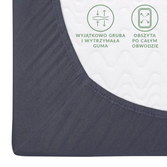 Prześcieradło jersey z gumką w kolorze antracytowym. Zbliżenie na róg, ukazujące obszerną gumę utrzymującą materiał na materacu. Widoczna faktura tkaniny z drobnymi falami, gładka powierzchnia, trwałe wykończenie.