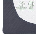 Prześcieradło jersey z gumką 200x220 w kolorze antracytowym, widoczne z góry. Materiał gładki, elastyczny, obszyte mocną gumą wokół. Na białym tle widoczne napisy informujące o właściwościach materiału. Brzeg lekko zaokrąglony.