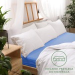 Prześcieradło jersey z gumką 160x200 w kolorze chabrowym, leżące na łóżku, idealnie przylega do materaca. Otoczenie to jasne poduszki oraz drewniane elementy mebli. Widoczne napisy na materiale z informacją o dopasowaniu.