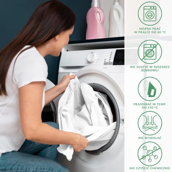 Prześcieradło jersey z gumką w kolorze jasnego różu, układane w białej pralce. Widoczne instrukcje prania na ścianie pralki. Produkt leży w obiegu prania, co podkreśla jego funkcję. Tło w odcieniach szarości z elementami dekoracyjnymi.