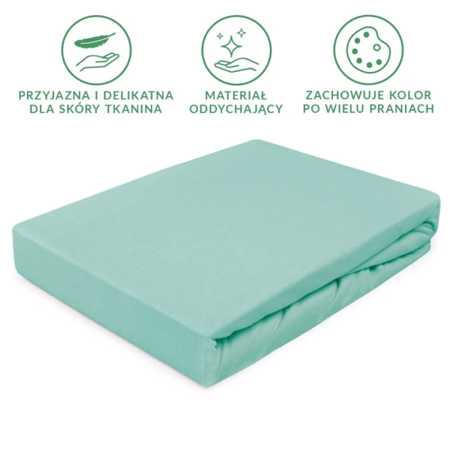 Prześcieradło jersey 140x200 w kolorze jasnego turkusu, leżące na białym tle. Materiał miękki, elastyczny, z gumką. Wyraźne oznaczenia dotyczące delikatności tkaniny, oddychalności oraz odporności na pranie.