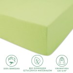 Prześcieradło jersey z gumką 160x200 w kolorze limonkowym, wykonane z 100% bawełny, leżące na białym tle. Widoczna faktura materiału oraz gumka wokół krawędzi, co zapewnia lepsze dopasowanie do materaca.