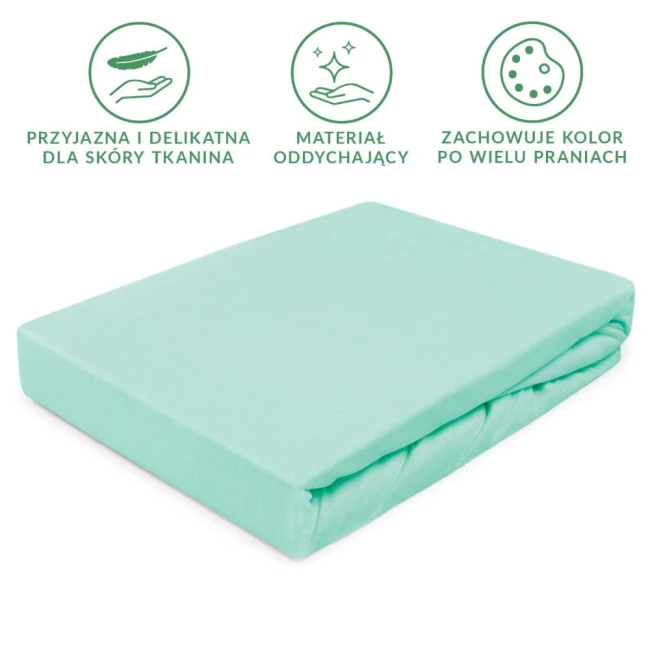 Prześcieradło jersey z gumką w kolorze morskim, rozmiar 200x220 cm, ułożone w pozycji leżącej, na tle białym. Wykonane z oddychającego materiału, gładka faktura. Widoczne estetyczne wykończenia, bez dodatkowych dekoracji czy napisów.