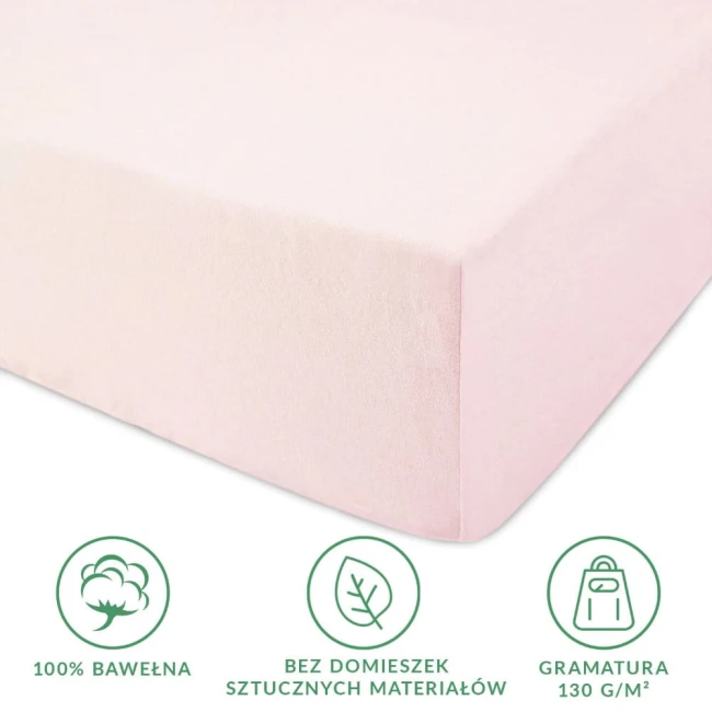 Prześcieradło jersey z gumką 80x160 w kolorze róż kwarcowy, wykonane z 100% bawełny, z widoczną, gładką fakturą. Ułożone poziomo, z gumką do zabezpieczenia, przedstawione na jasnym tle.