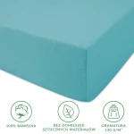 Prześcieradło jersey z gumką w kolorze turkusowym, wykonane w 100% z bawełny. Rozmiar 200x220 cm, rozłożone, z widoczną gumką oraz gładką teksturą materiału. W rogu widoczne ikonki informacyjne dotyczące gramatury i braku domieszek.