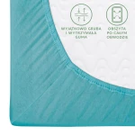 Prześcieradło jersey z gumką w kolorze turkusowym, rozmiar 200x220 cm, widok z góry prezentujący narożnik z elastyczną guma obwodową. Materiał gładki, z drobną teksturą. Widoczne napisy informacyjne na białej tkaninie.