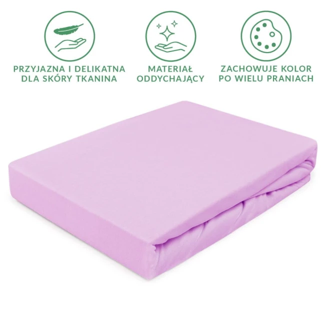 Prześcieradło jersey z gumką w kolorze wrzosowym, o wymiarach 200x220 cm, leży na białym tle. Materiał jest gładki, elastyczny i przyjemny w dotyku, z wyraźnie widoczną gumką na brzegach, zapewniającą dopasowanie do materaca.