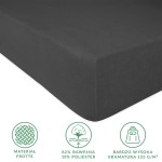 Prześcieradło frotte 90x200 w kolorze antracytowym, z gumką, leżące na białym tle. Widać gładką, teksturowaną powierzchnię materiału. Wymiary i skład (82% bawełna, 18% poliester) przedstawione w formie ikon. Panchy z dużą gramaturą 155 g/m².