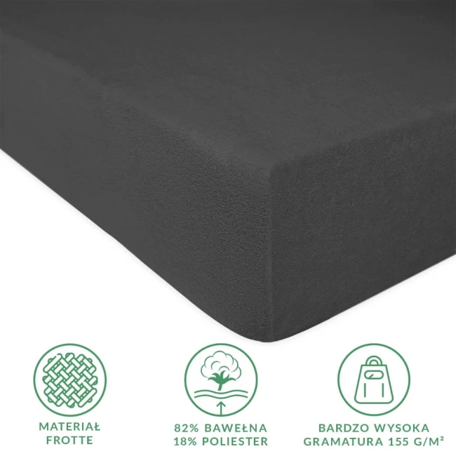 Prześcieradło frotte 90x200 w kolorze antracytowym, z gumką, leżące na białym tle. Widać gładką, teksturowaną powierzchnię materiału. Wymiary i skład (82% bawełna, 18% poliester) przedstawione w formie ikon. Panchy z dużą gramaturą 155 g/m².