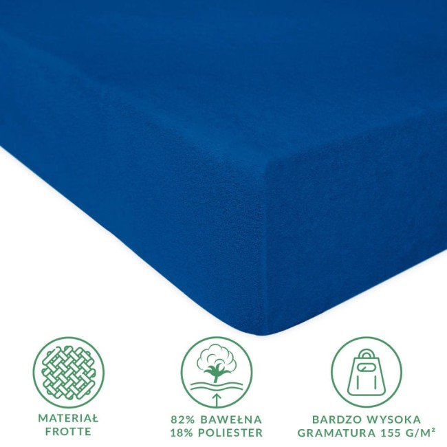 Prześcieradło frotte z gumką 90x200 w kolorze chabrowym, ukazane w ujęciu z boku. Materiał z wysoką gramaturą, 82% bawełny i 18% poliestru, gładkie i elastyczne. Widoczne logo oraz ikony informacyjne o składzie materiału i gramaturze.