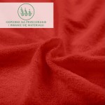 Prześcieradło frotte z gumką w kolorze czerwonym, z widoczną fakturą i miękkim, chłonnym materiałem, złożone w efektywną falę. Na zdjęciu umieszczono ikonę informacyjną z napisem Odporne na przecieranie i rwanie się materiału.