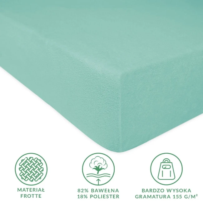 Prześcieradło frotte z gumką 90x200 w kolorze jasnym turkusie, leżące na płaskiej powierzchni. Materiał o wysokiej gramaturze (155 g/m²) z 82% bawełny i 18% poliestru. Widoczne logo oraz symbole dotyczące materiału i gramatury.