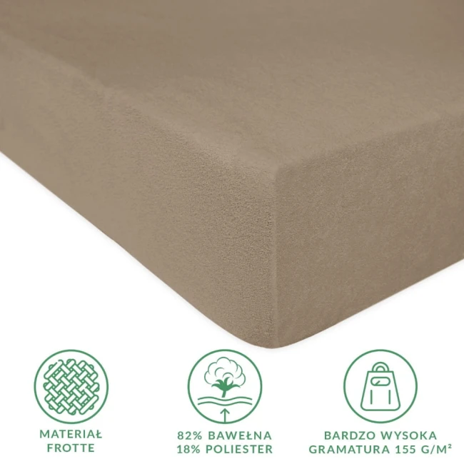 Prześcieradło frotte z gumką w kolorze kakao, rozmiar 90x200 cm. Zbliżenie na zachowaną teksturę tkaniny, wykonane w 82% z bawełny i 18% z poliestru, z wysoką gramaturą 155 g/m². Widoczne logo oraz symbole dotyczące materiału i właściwości.