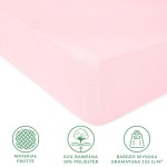Prześcieradło frotte z gumką w kolorze róż kwarcowy, w rozmiarze 90x200 cm, przedstawione w ujęciu z boku. Widać gładką, matową powierzchnię tkaniny o wysokiej gramaturze 155 g/m². Widoczne oznaczenia materiału: 82% bawełna, 18% poliester.