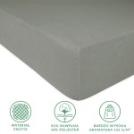 Prześcieradło frotte z gumką w kolorze szarym, rozmiar 90x200, leżące w skosie. Materiał o fakturze frotte, z dobrze widocznymi zaokrąglonymi krawędziami. Zawiera informacje o składzie: 82% bawełna, 18% poliester oraz gramaturze 155 g/m².
