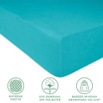 Prześcieradło frotte z gumką 90x200 w kolorze turkusowym, leżące na białym tle. Materiał składa się w 82% z bawełny i 18% z poliestru, z bardzo wysoką gramaturą 155 g/m². Wykończenie frotte nadaje mu miękką i teksturowaną powierzchnię.