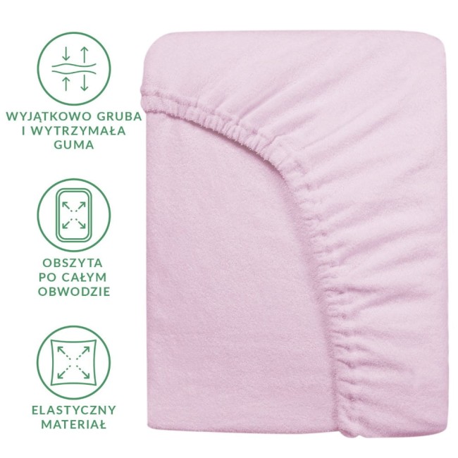 Prześcieradło frotte z gumką 90x200 w kolorze wrzosowym, leżące na płaskiej powierzchni. Guma obszyta po całym obwodzie zapewnia stabilne dopasowanie. Materiał elastyczny, teksturowany, matowy, z gładkimi krawędziami.
