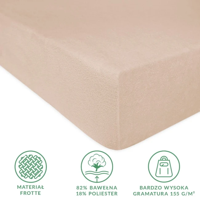 Prześcieradło frotte 120x200 w kolorze beżowym, z gumką, leży na białym tle. Materiał składa się z 82% bawełny i 18% poliestru, charakteryzując się teksturowaną, miękką powierzchnią. Widoczne detale: wysoka gramatura 155 g/m².