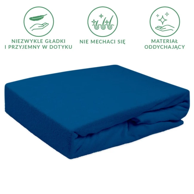 Prześcieradło frotte z gumką 120x200 w kolorze chabrowym, rozłożone na prostym tle. Widać gładką teksturę materiału, który jest elastyczny i świetnie dopasowuje się do materaca. Produkt bez widocznych napisów czy wzorów.