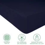 Prześcieradło frotte z gumką w kolorze ciemnego granatu, rozmiar 120x200 cm. Produkt leży na białym tle. Materiał o wysokiej gramaturze 155 g/m², w składzie 82% bawełny i 18% poliestru. Widoczne napisy dotyczące składu oraz właściwości materiału.