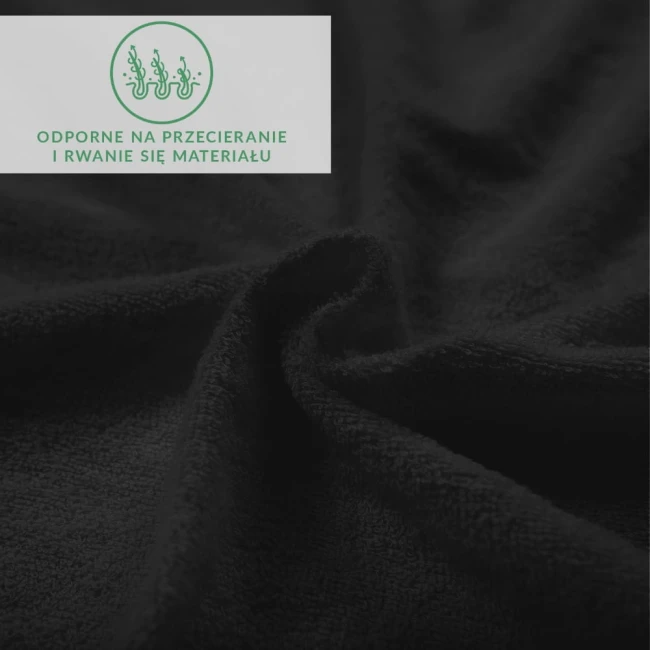 Prześcieradło frotte z gumką w kolorze czarnym, wykonane z miłego w dotyku materiału. Zbliżenie na teksturę, ukazujące gładką i miękką powierzchnię. Widoczna informacja o odporności na przecieranie i rwanie się materiału.