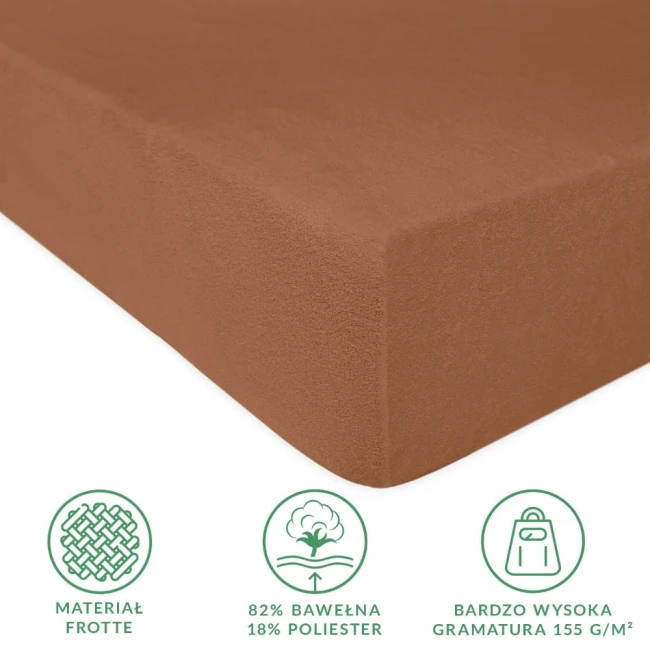 Prześcieradło frotte z gumką 120x200 w kolorze czekoladowym. Widok z góry, na rozłożonym tle. Materiał o wysokiej gramaturze (155 g/m²), z wyraźną teksturą. Na dole ikony informacyjne: skład (82% bawełna, 18% poliester) oraz wysoka jakość.