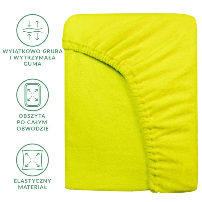Prześcieradło frotte z gumką w kolorze limonkowym, w rozmiarze 120x200 cm. Widoczna elastyczna guma obwodowa oraz miękka tekstura materiału, idealne do łóżek. Produkt leży na prostym tle, podkreślając jego intensywny kolor.