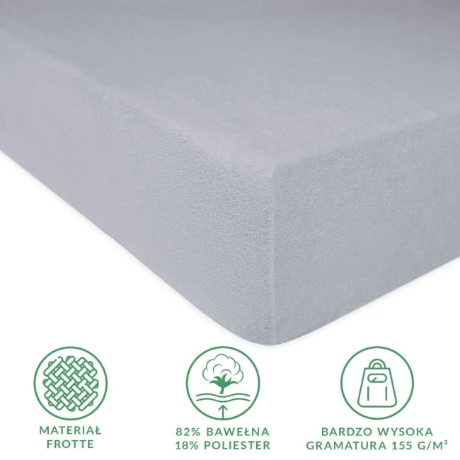 Prześcieradło frotte z gumką 120x200 w kolorze popielatym, leżące na jednolitym tle. Wyróżnia się miękką, teksturowaną powierzchnią. Widoczne są informacje o składzie: 82% bawełna, 18% poliester oraz bardzo wysoka gramatura 155 g/m².