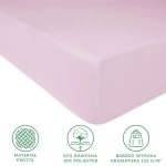Prześcieradło frotte z gumką 120x200 w kolorze wrzosowym, wykonane z 82% bawełny i 18% poliestru. Ujęcie z boku pokazuje miękką teksturę i dopasowanie do materaca. Widoczne informacje o materiale i gramaturze na białym tle.