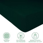 Prześcieradło frotte z gumką w kolorze zieleni butelkowej o wymiarach 120x200 cm, leżące na białym tle. Widać gładką teksturę materiału oraz elastyczną gumkę zabezpieczającą. Detale w dolnej części prezentują skład tkaniny: 82% bawełny, 18% poliestru.