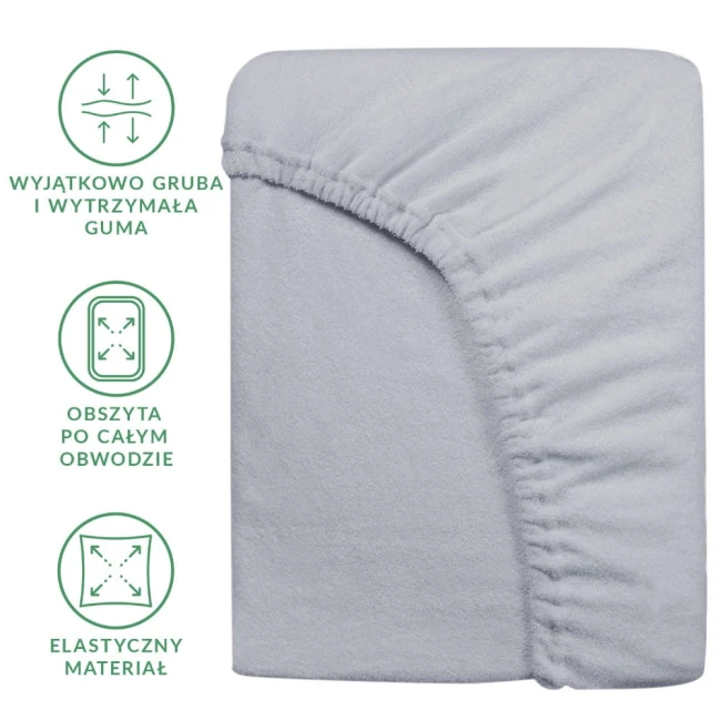 Prześcieradło frotte z gumką w kolorze popielatym, rozmiaru 140x200 cm, leżące na jednolitym tle. Produkt ma elastyczny materiał oraz mocną, obwodową gumkę, co zapewnia stabilne dopasowanie do materaca.
