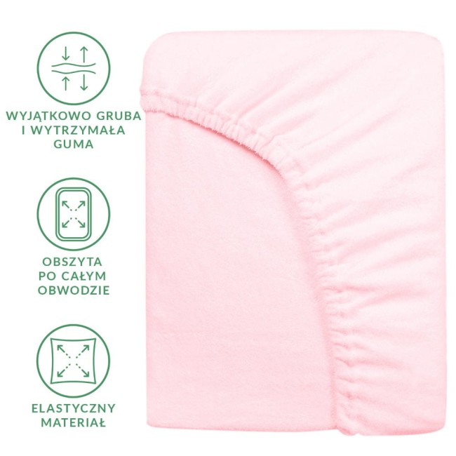 Prześcieradło frotte z gumką 140x200 w kolorze róż kwarcowy, leżące płasko. Materiał elastyczny, z obszerną gumką po całym obwodzie. Tekstura miękka, przyjemna w dotyku, bez widocznych napisów lub logotypów. Tło białe.